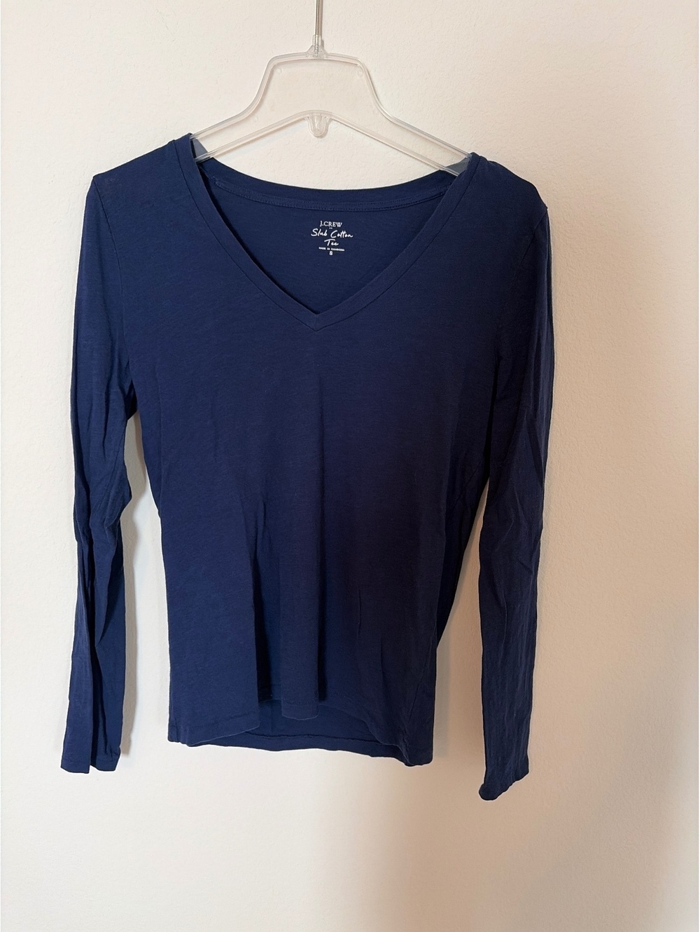 J Crew Slub Cotton Long Sleeve V Neck Tee Tshirt Navy Blue Small S